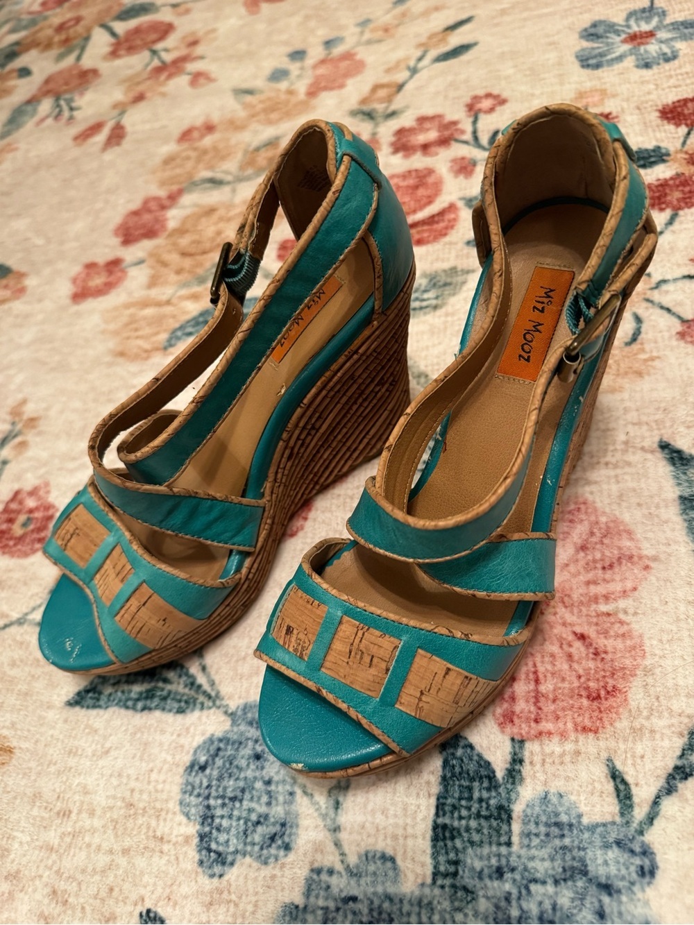Miz Mooz Teal and Cork Wedge Sandals - Picture 2 of 12